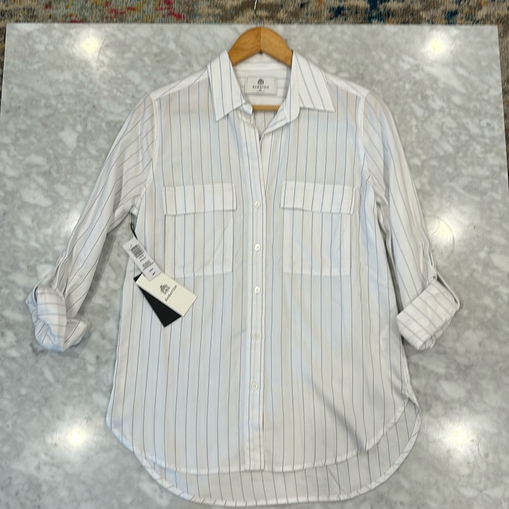 NWT Babaton Utility Blouse White/Navy Pinstriped
